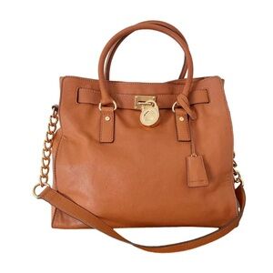 Michael Kors Hamilton Satchel Large Leather Shoulder Bag with Gold Hardware